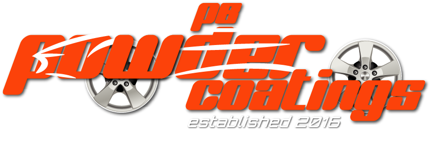 Logo for PB Powder Coatings, established 2016, featuring bold orange text over two alloy wheels with a stylized car outline in the background.