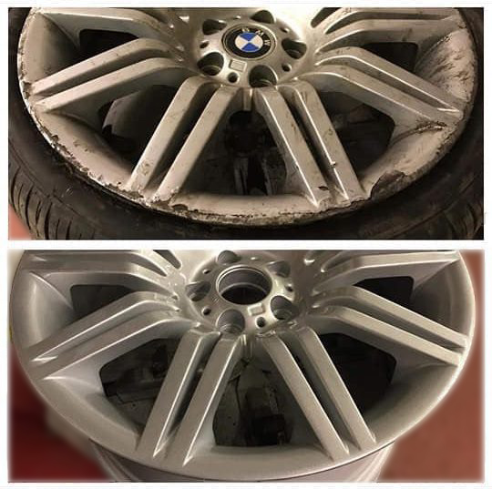 A BMW wheel rim shown in two states: the top image highlights damage with scuffs and scratches, while the bottom reveals the results of expert Alloy Wheel Refurbishment & Repair, restoring the rim to like-new condition.