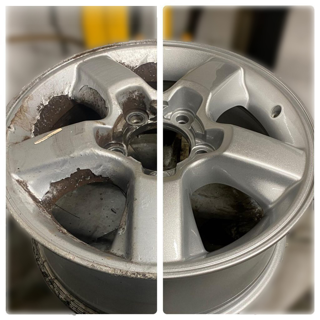 Side-by-side comparison of a car wheel rim showing a damaged, corroded surface on the left and an Alloy Wheel Refurbishment & Repair restored, smooth finish on the right.