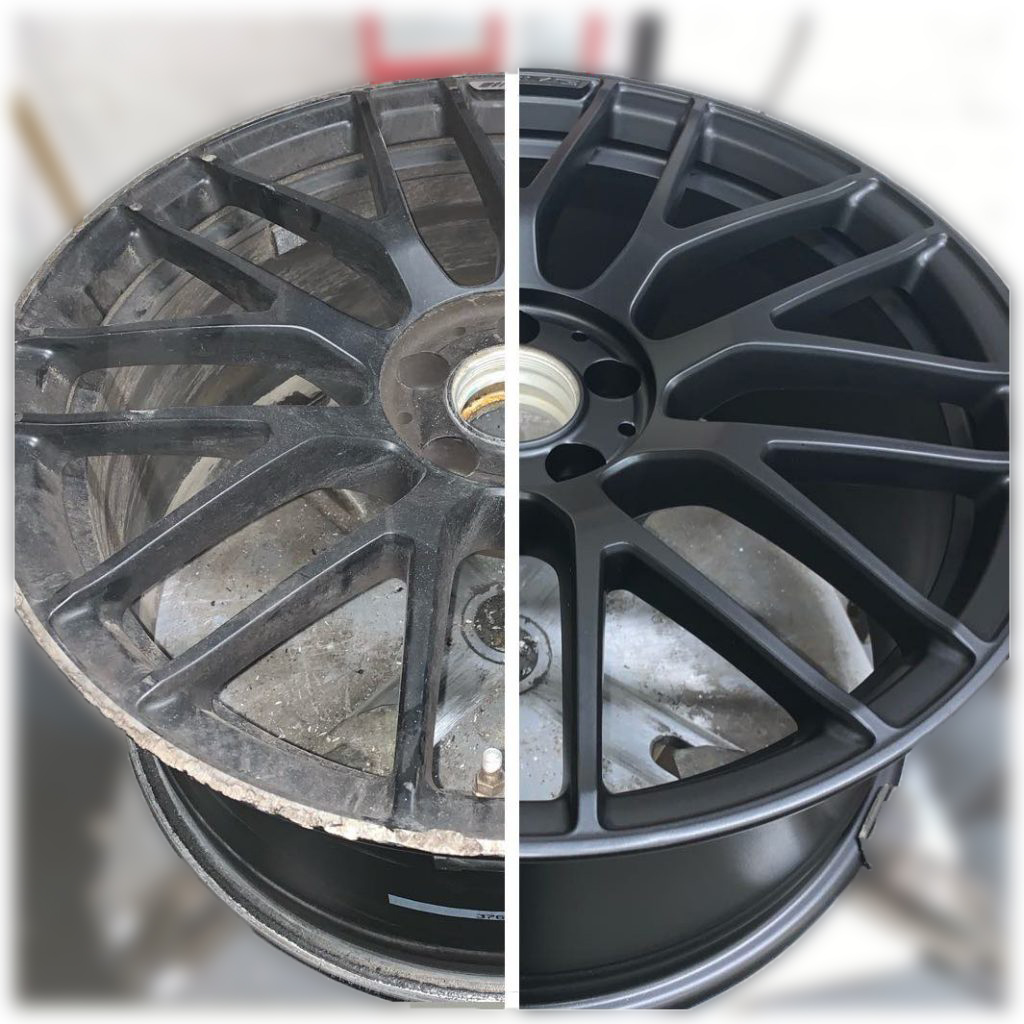 A car wheel divided in half: the left side is damaged and worn, while the right side showcases Alloy Wheel Refurbishment & Repair, appearing clean and fully restored.